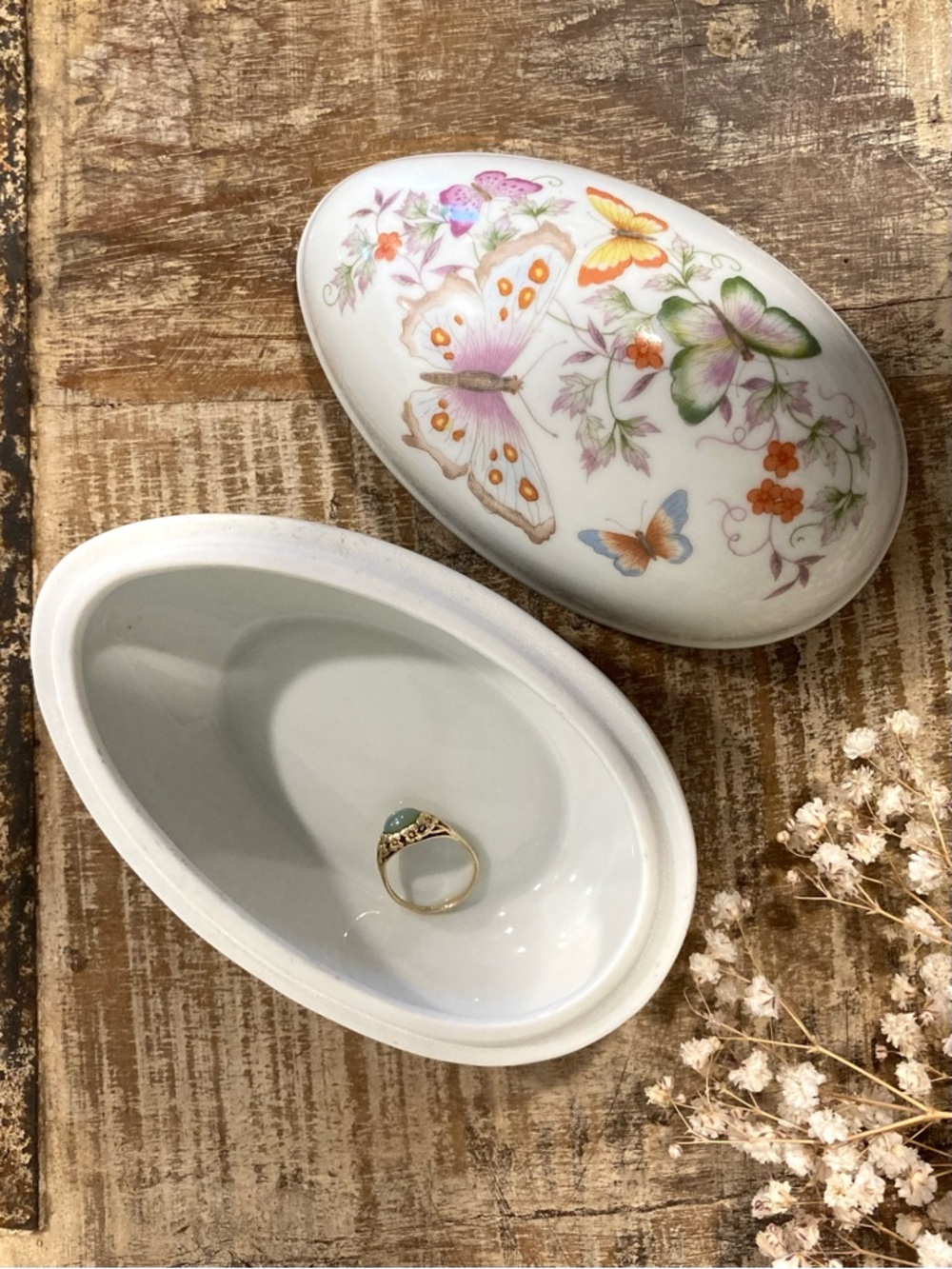 1970s Avon Butterfly Floral Porcelain Egg Shaped Trinket Box with 22K Gold Trim